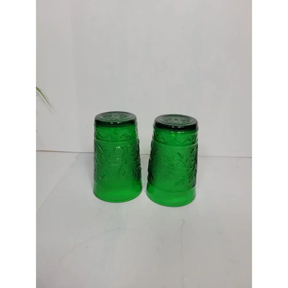 Vintage Anchor Hocking Forest Green Sandwich Glass Juice Water Tumbler Set of 2